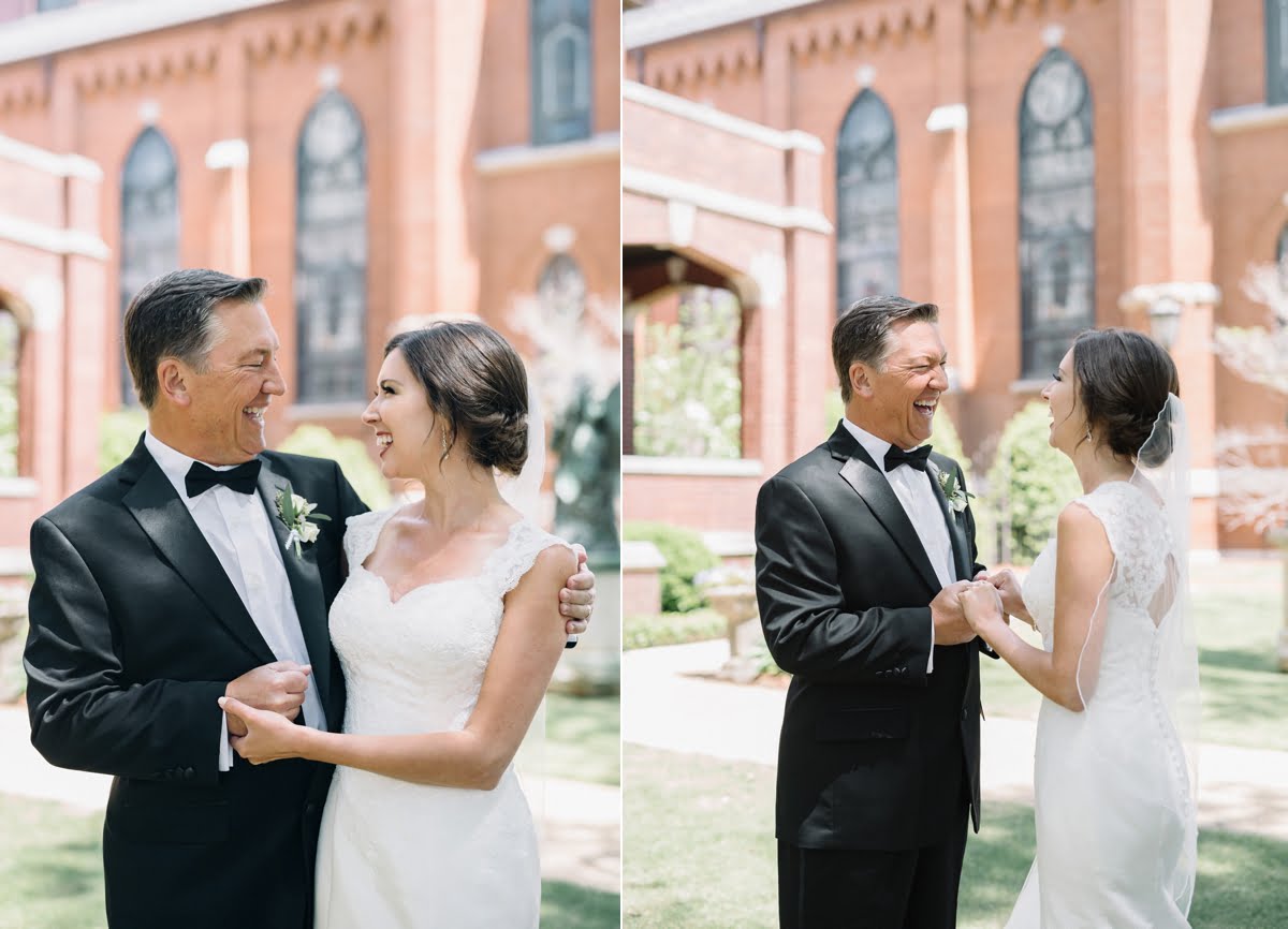 Bride and father laughing