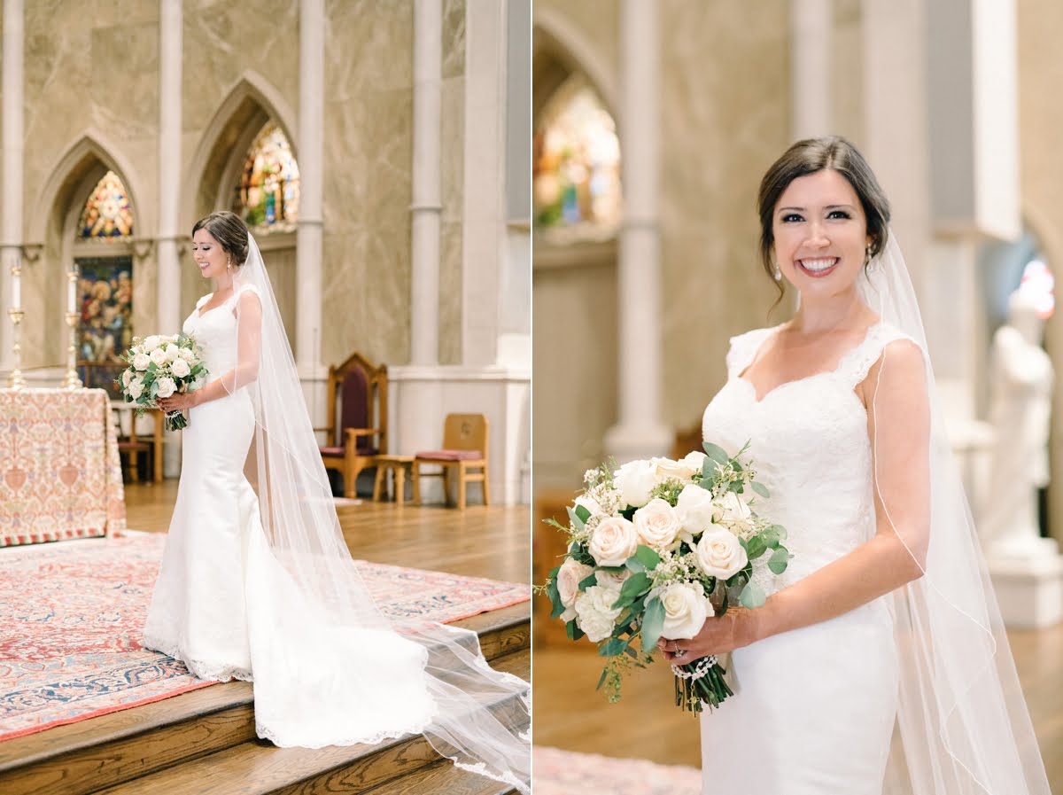 Bride with gown and bouquet in cathedral