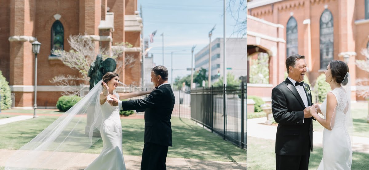 Bride's first look with father at St Paul's Cathedral wedding in Birmingham, AL