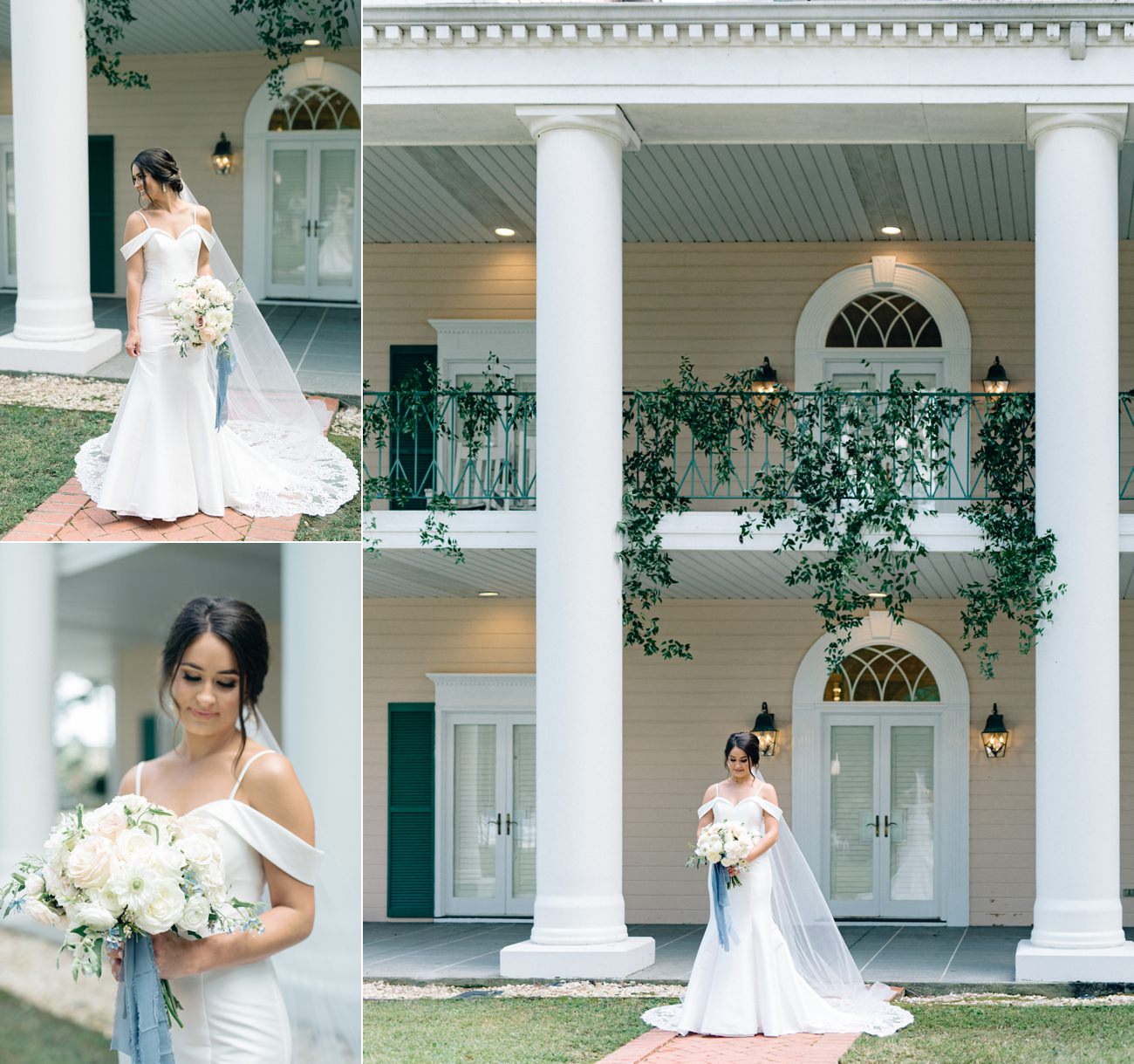 Oak Island Mansion bridal portraits in front of venue taken by Alabama wedding photographers: Olivia Joy Photography